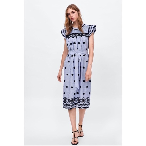 ZARA BLOGGERS FAV EMBROIDERED FLORAL MIDI STRIPED DRESS NEW WITH TAGS MEDIUM - Picture 13 of 14